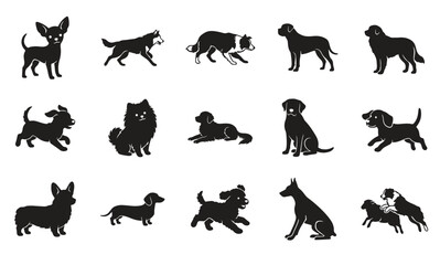 Obraz premium Black Dog Silhouette Vector Set, Cute Puppy and Adult Canine Poses for Pet and Animal Designs