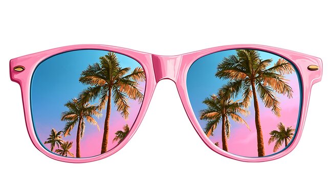 Pink sunglasses reflection palm trees isolated on white