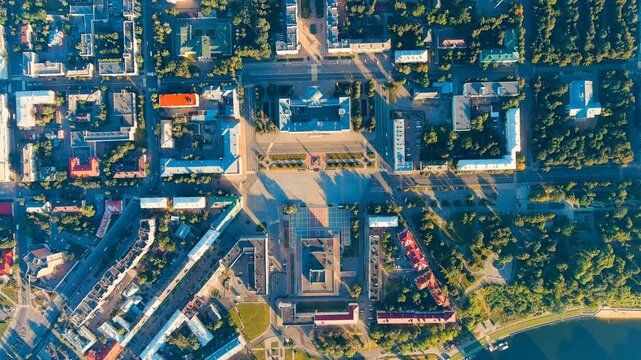 Oryol, Russia. Government of the Oryol region. Lenin Square. History center. View of the city from the air. Drone footage, HEAD OVER SHOT