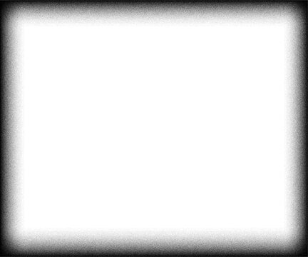 Grainy black vignette border background with noise texture. Abstract grunge frame fading from dark edges to white center. Textured grain design for banner, poster, and wallpaper templates.