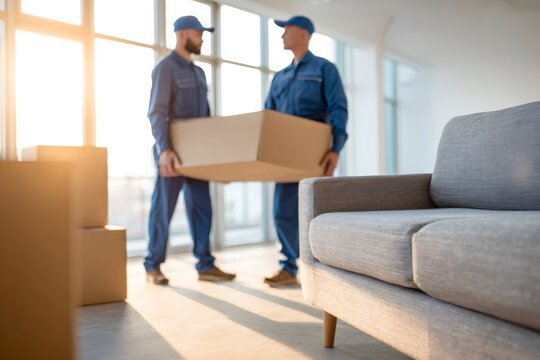 Two professional movers in blue uniforms carrying a large cardboard box in a room. Relocation and delivery service concept with sofa
