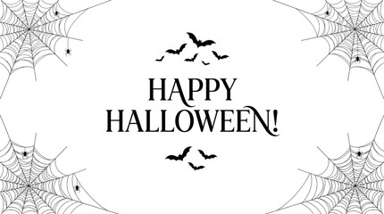 Fototapeta premium Halloween greeting card with black bats and spider web design for copy space