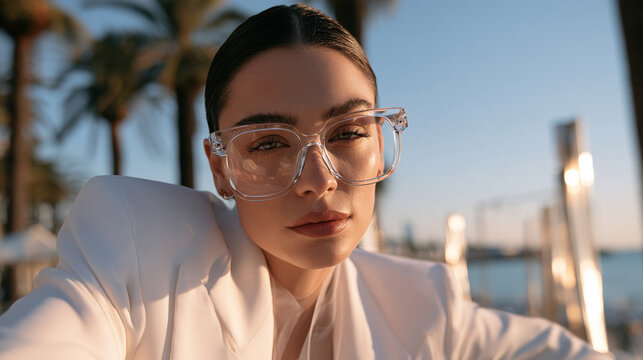 Woman wearing clear glasses at tropical sunset setting