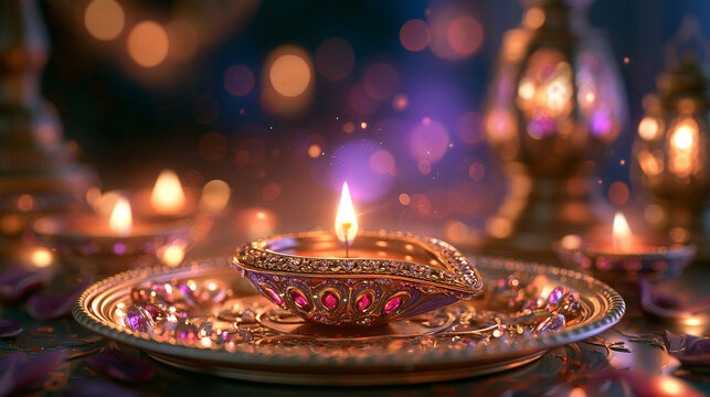Glowing diya lamp on a plate celebrating diwali festival