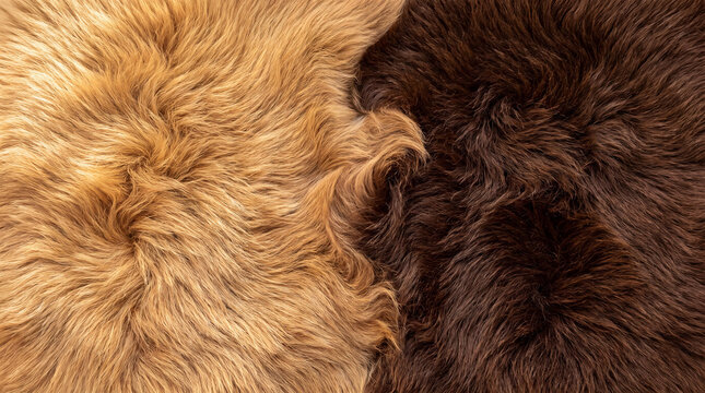 Natural sheepskin fur texture background, soft fluffy wool rug in brown and beige colors, cozy winter home decor material
