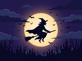 Fototapeta premium Halloween Flying Witch Silhouette Glowing Full Moon Vector Illustration. Spooky Witch Riding Broomstick Night Sky Starry Forest Background. Halloween Night Sky Flying Witch Silhouette Glowing Moon