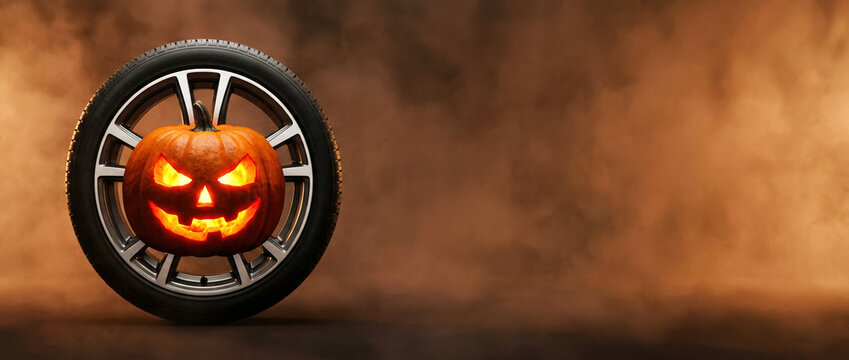 Glowing jack-o&rsquo;-lantern with carved scary face inside a car wheel on a smoky background. Perfect for Halloween auto ads, festive banners, dealership promos, posters, and social media campaigns.
