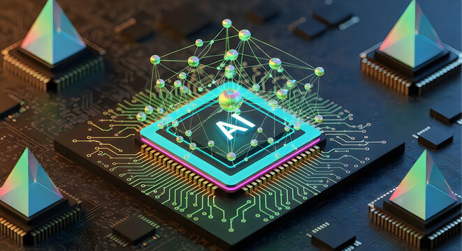 Futuristic computer processor chip with glowing ai text surrounded by digital circuitry and geometric pyramids