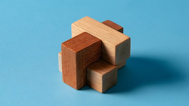 Wooden puzzle cube on blue background