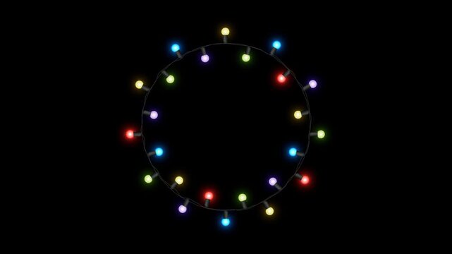 Colorful Christmas String Lights Blinking Circle Frame Isolated Alpha Channel Loop Animation ,New Year and Holiday and Birthday Videos Overlay Motion design element