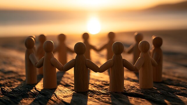 Wooden figures holding hands in a circle