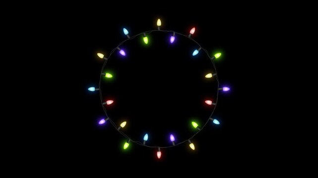 Colorful Christmas String Lights Bulbs Blinking Circle Frame Isolated Alpha Channel Loop Animation ,New Year and Holiday and Birthday Videos Overlay Motion design element