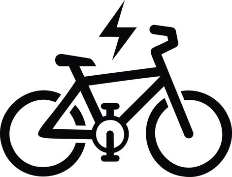 A simple black icon of an electric bicycle with a lightning bolt symbol presented as an isolated object on transparent background isolated on transparent background