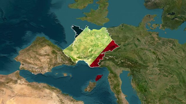 France Map Zoom In and Out on European Satellite Geography Animation