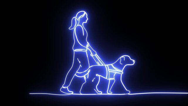 Blue Neon Blind Woman Walking With Guide Dog Continuous Line Art Animation
