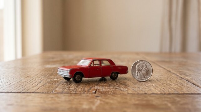 Red vintage toy car next to a silver United States quarter coin on wooden table surface