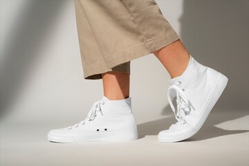Obraz premium White high top sneakers with beige pants on neutral background