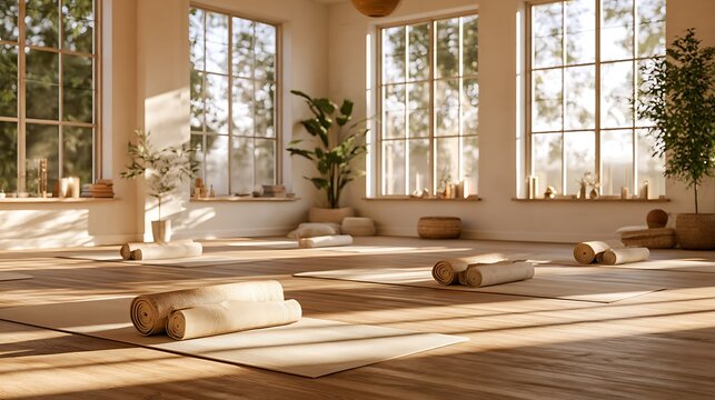 Sunny yoga studio interior with mats and plants