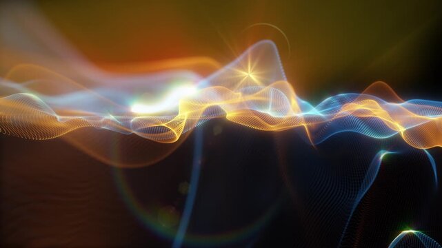 Abstract digital waves formed by glowing particles move across a dynamic 3D landscape, creating a futuristic visualization of data, energy, movement, technology, and connectivity.
