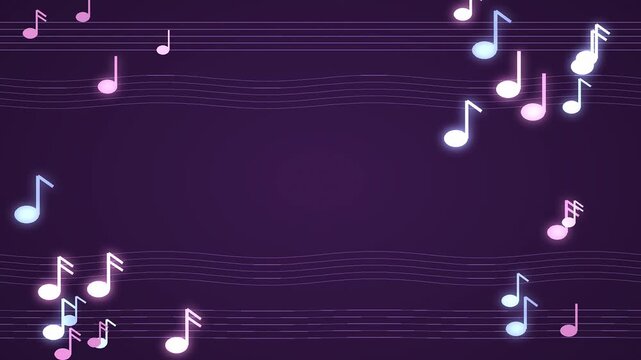 Floating Musical Notes on Purple Background with Glowing Treble Clef Lines