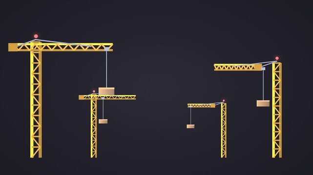 Four Construction Cranes in Various Stages of Assembly on Dark Background