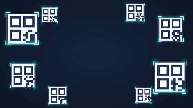 Minimalist QR Code Icons Displayed on Dark Grid Background with Tech Frames