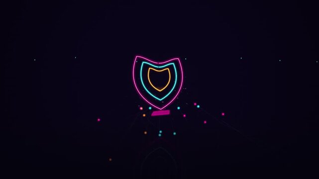 Neon shield emblem glowing with pink and blue light in futuristic cyberspace vector design