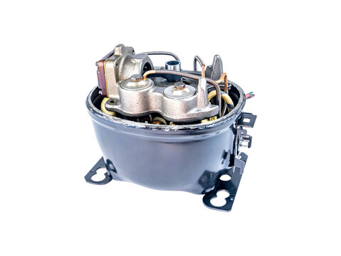 Refrigeration unit motor-compressor (isolated/no background). Disassembled refrigerator motor-compressor. Repairing a refrigerator or air conditioner. Mockup placement. PNG background image.