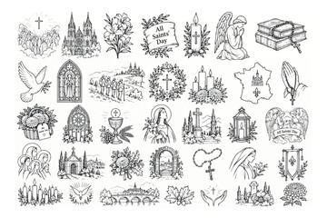 Obraz premium Religious Christian icons and All Saints Day symbols set, hand drawn sketch of church elements, 35 black and white vector illustrations for catholic faith