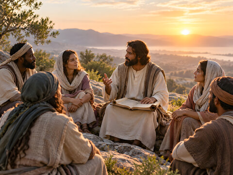 Jesus Teaching His Disciples Outdoors at Sunset

