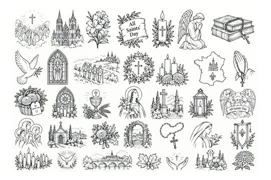 Religious Christian icons and All Saints Day symbols set, hand drawn sketch of church elements, 35 black and white vector illustrations for catholic faith