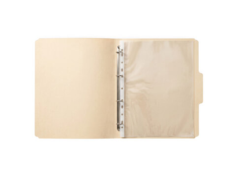 Open empty office ring binder with transparent plastic sleeves as isolated on transparent background