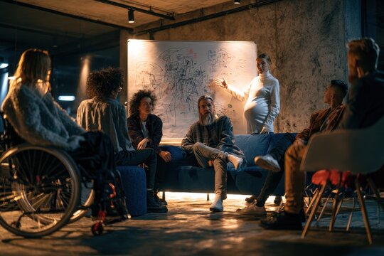 A diverse group of creative professionals collaborating in a dimly lit industrial office space, brainstorming ideas on a large whiteboard during a meeting