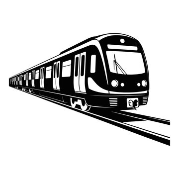 Modern passenger train traveling on tracks black and white silhouette