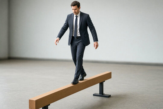 Businessman in a suit walking carefully on a wooden balance beam