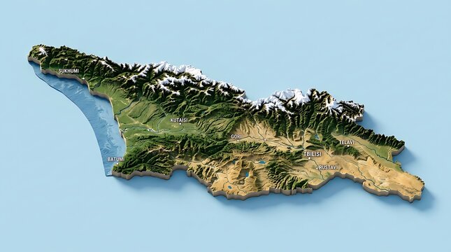 3d relief map of georgia with city names and mountains