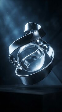 Abstract chrome sphere with metallic ribbon in dark space