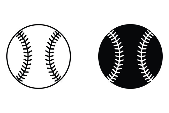 Baseball ball icons, line and glyph style symbols in outline and filled designs for sports graphics, games, athletics, and vector illustration.