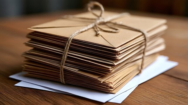 Stacked brown paper envelopes tied with rustic twine resting on a wooden table, representing vintage mail, communication, nostalgia, and personal connection