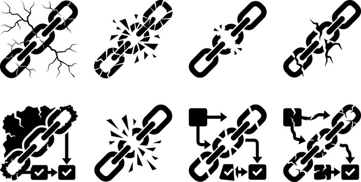 Broken chain link icons with cracks and shattered pieces, representing weak links, security failures, and broken connections in blockchain or business processes