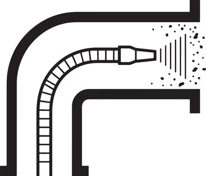 Black and white line of a flexible hose nozzle spraying particles inside a bent industrial pipe or ductwork section also transparent background