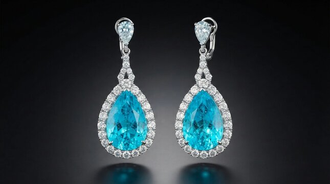 Elegant pair of pear shaped blue topaz earrings surrounded by sparkling diamonds set in polished white gold metal against a dark smooth gradient studio background surface
