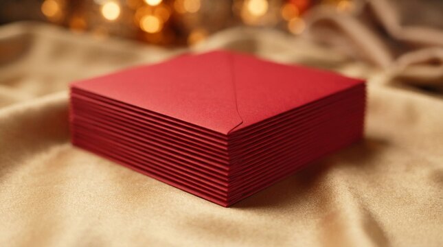 Stack of vibrant red paper envelopes resting elegantly upon a soft textured golden fabric surface captured with warm ambient background lights in a macro perspective shot.