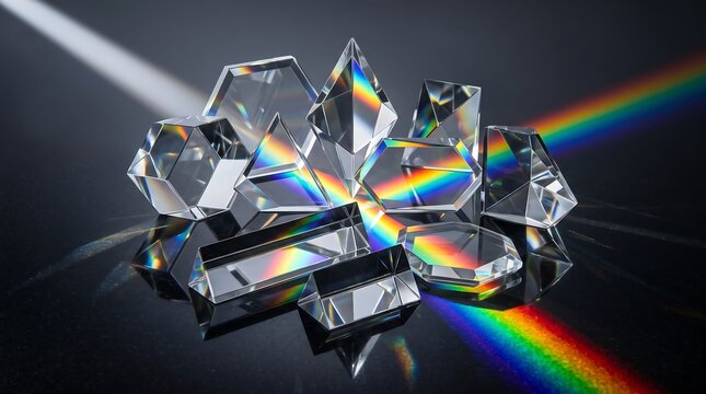 Stunning light refraction through a collection of clear crystal prisms, creating vibrant rainbow spectrums. A captivating display of optical physics and light dispersion, perfect for science