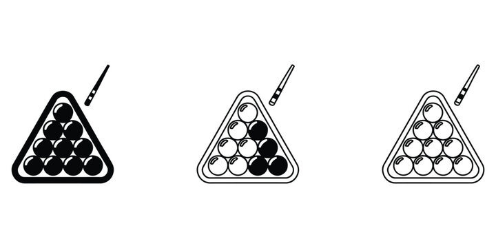 Billiards pool table icons, snooker equipment and cue sport symbols in flat vector style for games, sports, recreation, and club design.