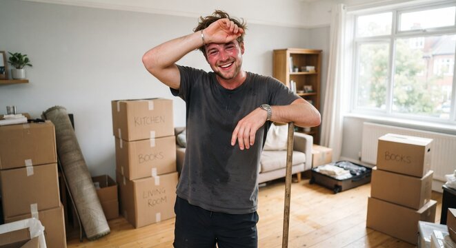 Tired but happy man wiping sweat from forehead during cleaning and moving into new house