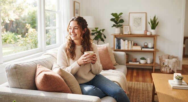 Smiling young woman with coffee cup relaxing on sofa in cozy bright living room