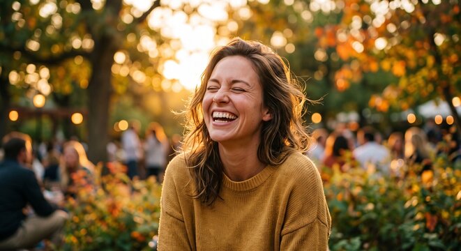 Portrait of genuinely laughing young woman in autumn park at sunset