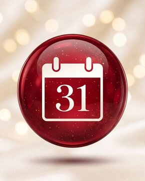 A red calendar icon with number thirty one appears on a soft festive bokeh background, New Year countdown, holiday date, and celebration concept.