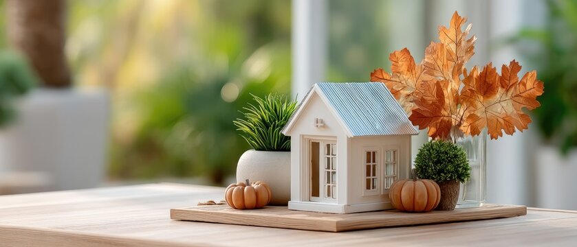 A charming wooden house with an intricate design is adorned with dried oak leaves, adding a cozy autumn touch to the interior
